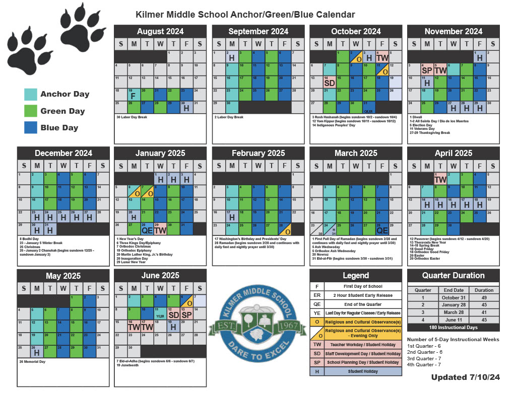 Kilmer Middle School Anchor/Green/Blue Calendar