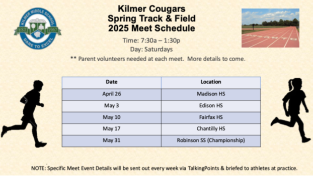 Meet schedule; time is 7:30am to 1:30 pm on Saturdays. Parent volunteers needed at each meet. More details to come. 4/26 at Madison HS, May 3 at Edison HS, May 10 at Fairfax HS, May 17 at Chantilly HS and May 31 at Robinson SS (Championship)