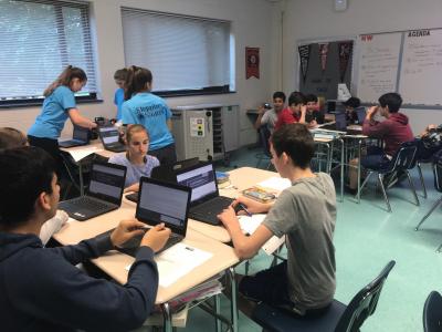 Students working in groups at computers
